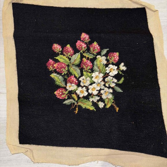 Vintage Needlepoint Chair Seat Cover - Black w/floral, strawberries - Picture 2 of 3